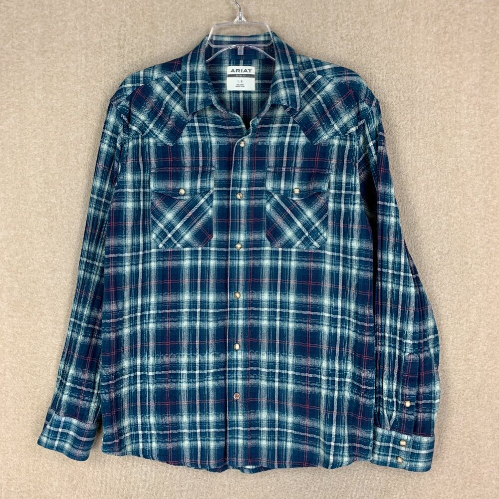Ariat Retro Fit Flannel Shirt Large Mens Blue Plaid Western Pearl Snap Cotton